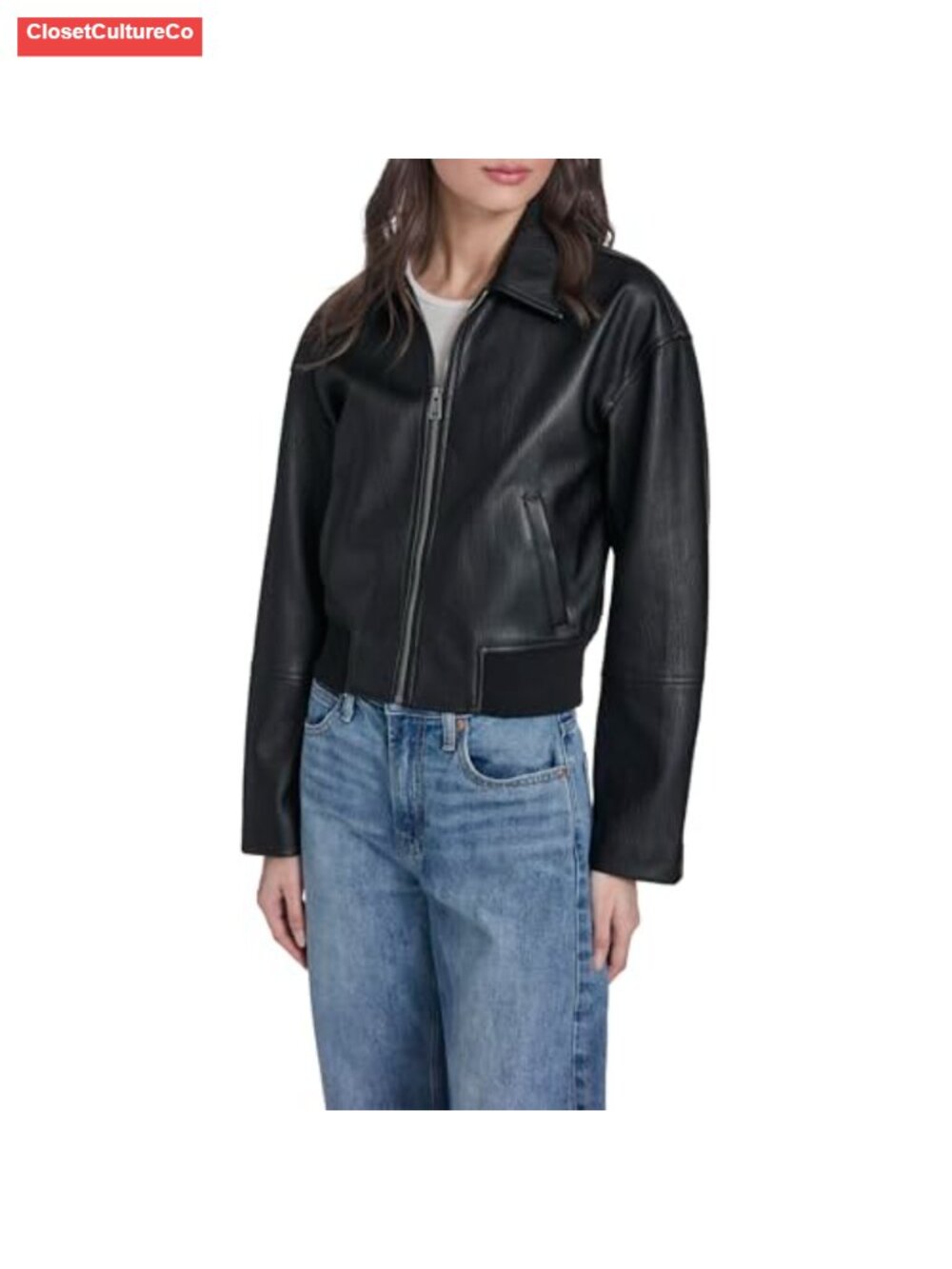 Faux Leather Bomber Jacket Laydown Collar Puff Sleeve Zip